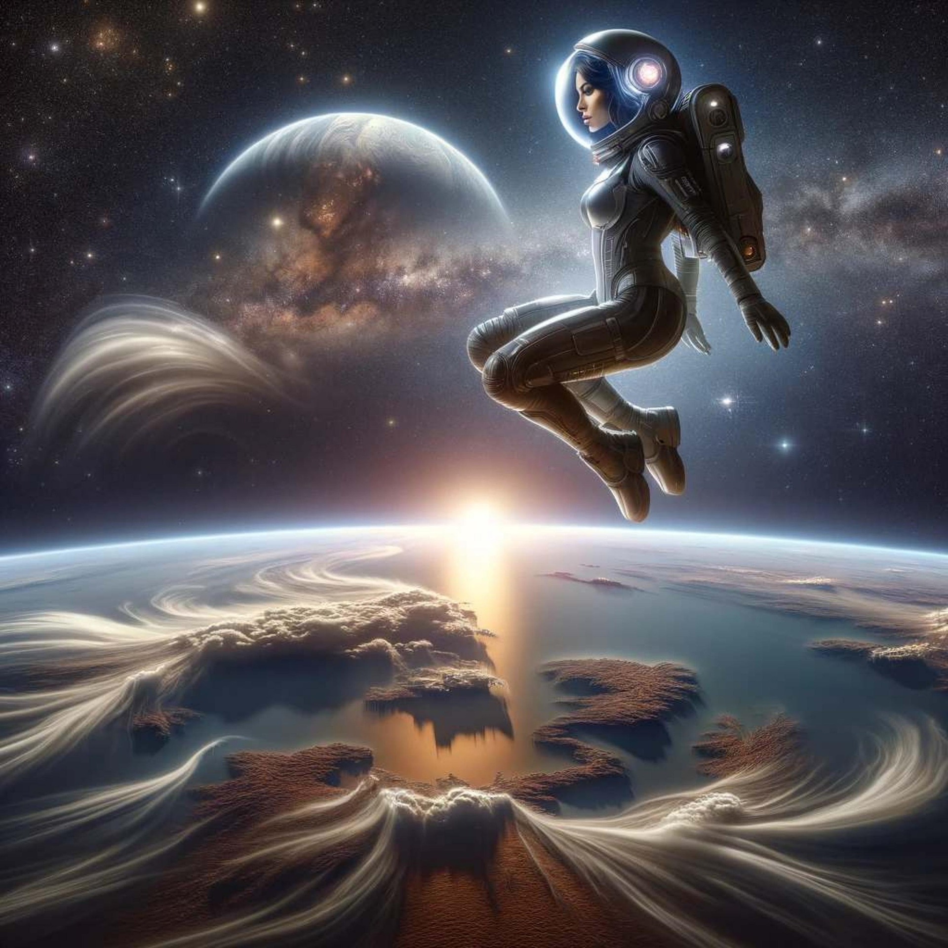 woman astronaut floating in space - overview effect