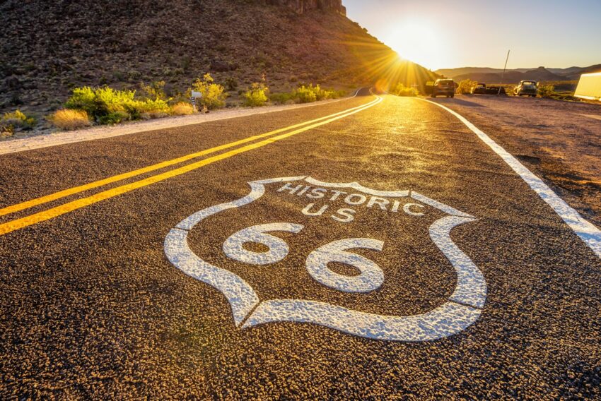 route 66 on asphalt for truck stops and roadside havens