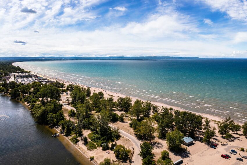 wasaga beach, canada, aerial view of worlds longest freshwater beach